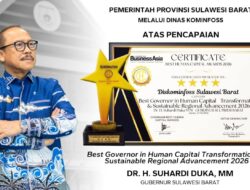 Sukses Transformasi Digital, Gubernur Suhardi Duka dan DiskominfoSS Sulbar Raih Penghargaan Nasional